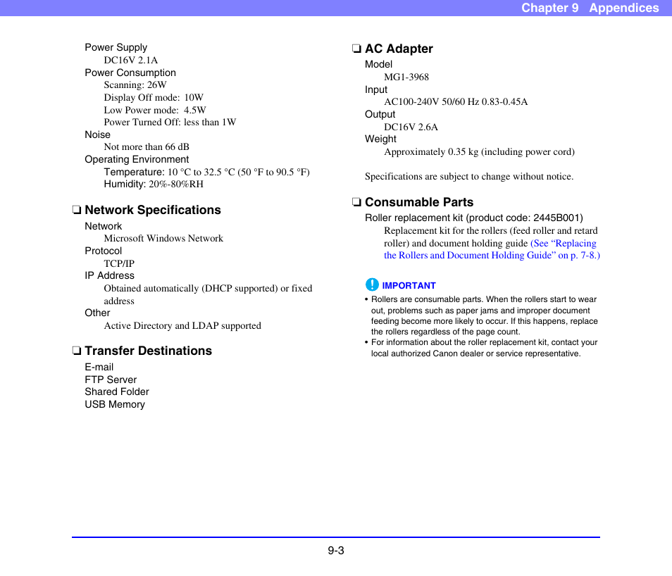 Network specifications, Transfer destinations, Ac adapter | Consumable parts | Canon SCANFRONT 220 User Manual | Page 151 / 156