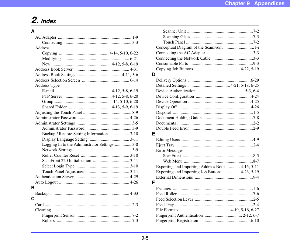 Index, Index -5 | Canon SCANFRONT 220 User Manual | Page 153 / 156