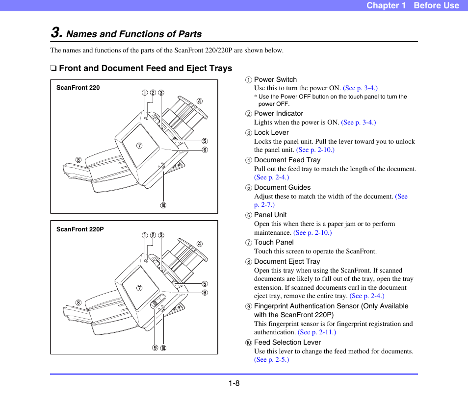 Names and functions of parts, Front and document feed and eject trays, Names and functions of parts -8 | Front and document feed and eject trays -8 | Canon SCANFRONT 220 User Manual | Page 17 / 156