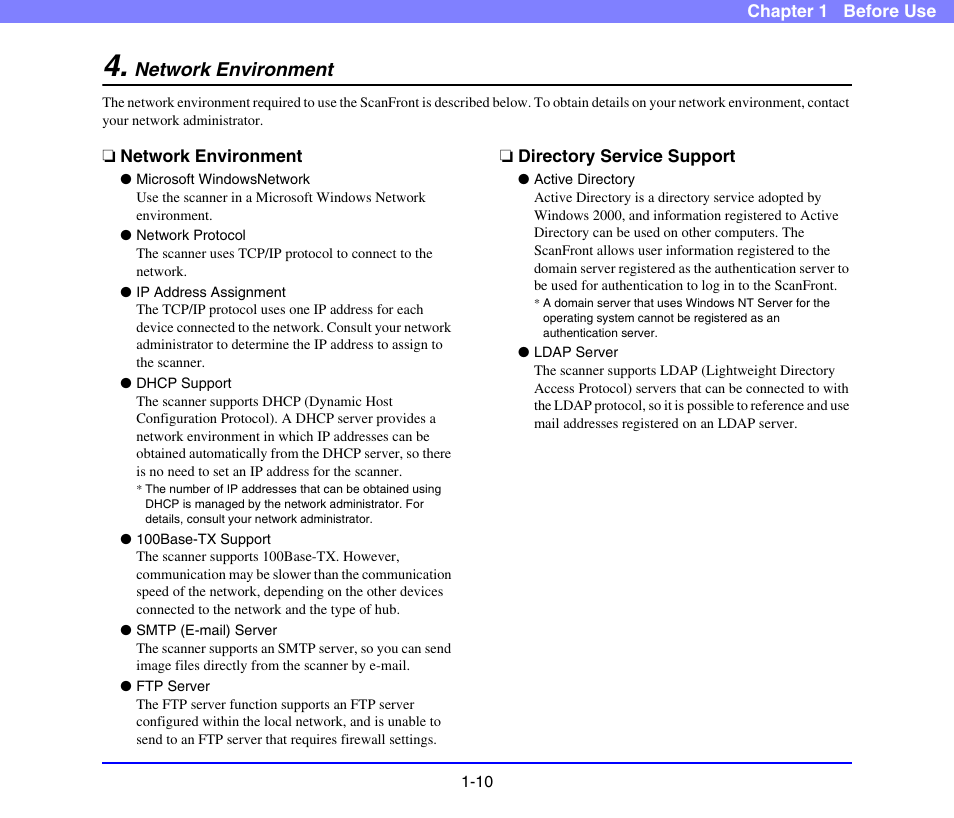 Network environment, Directory service support, Network environment -10 | Canon SCANFRONT 220 User Manual | Page 19 / 156
