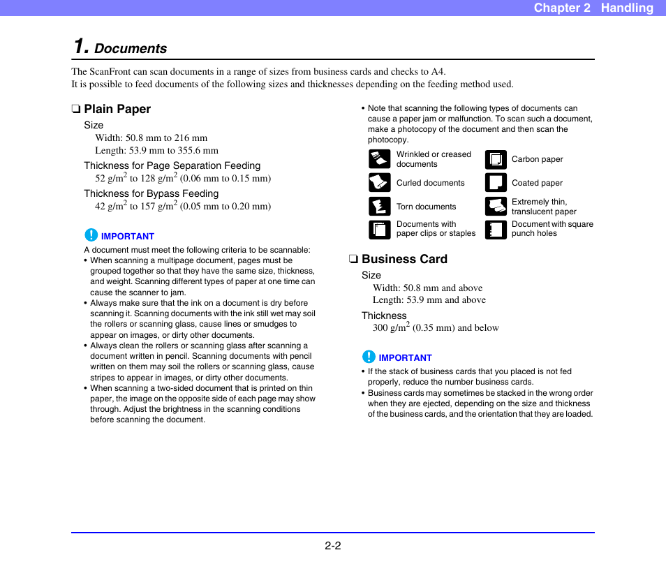 Documents, Plain paper, Business card | Documents -2, Plain paper -2 business card -2, Chapter 2 handling | Canon SCANFRONT 220 User Manual | Page 21 / 156