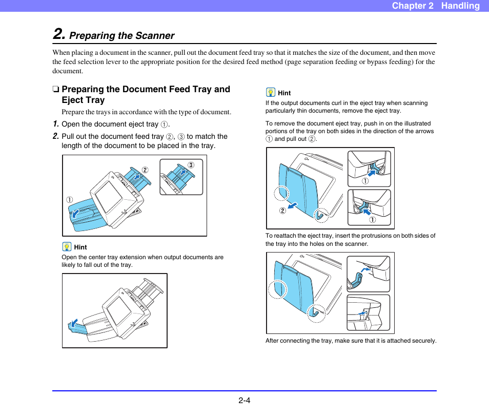 Preparing the scanner, Preparing the document feed tray and eject tray, Preparing the scanner -4 | Preparing the document feed tray and eject tray -4, See p. 2-4.) | Canon SCANFRONT 220 User Manual | Page 23 / 156