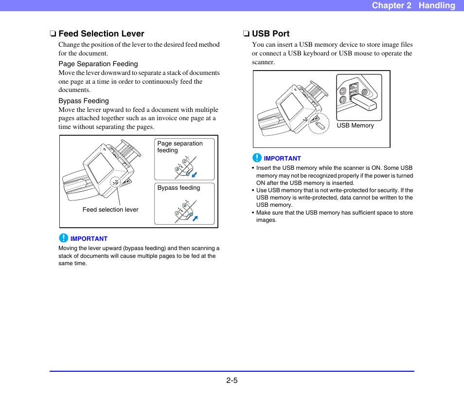 Feed selection lever, Usb port, Feed selection lever -5 usb port -5 | See p. 2-5.), Chapter 2 handling ❏ feed selection lever | Canon SCANFRONT 220 User Manual | Page 24 / 156