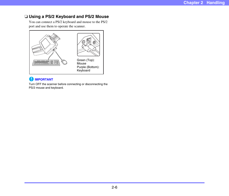 Using a ps/2 keyboard and ps/2 mouse, Using a ps/2 keyboard and ps/2 mouse -6, See p. 2-6.) | Canon SCANFRONT 220 User Manual | Page 25 / 156