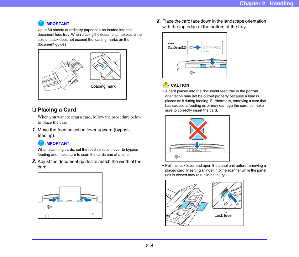 Placing a card, Placing a card -8, Chapter 2 handling | Canon SCANFRONT 220 User Manual | Page 27 / 156