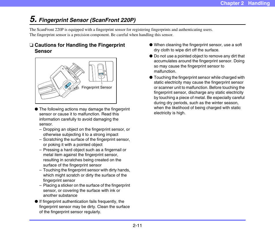 Fingerprint sensor (scanfront 220p), Cautions for handling the fingerprint sensor, Fingerprint sensor (scanfront 220p) -11 | Cautions for handling the fingerprint sensor -11, See p. 2-11.) | Canon SCANFRONT 220 User Manual | Page 30 / 156