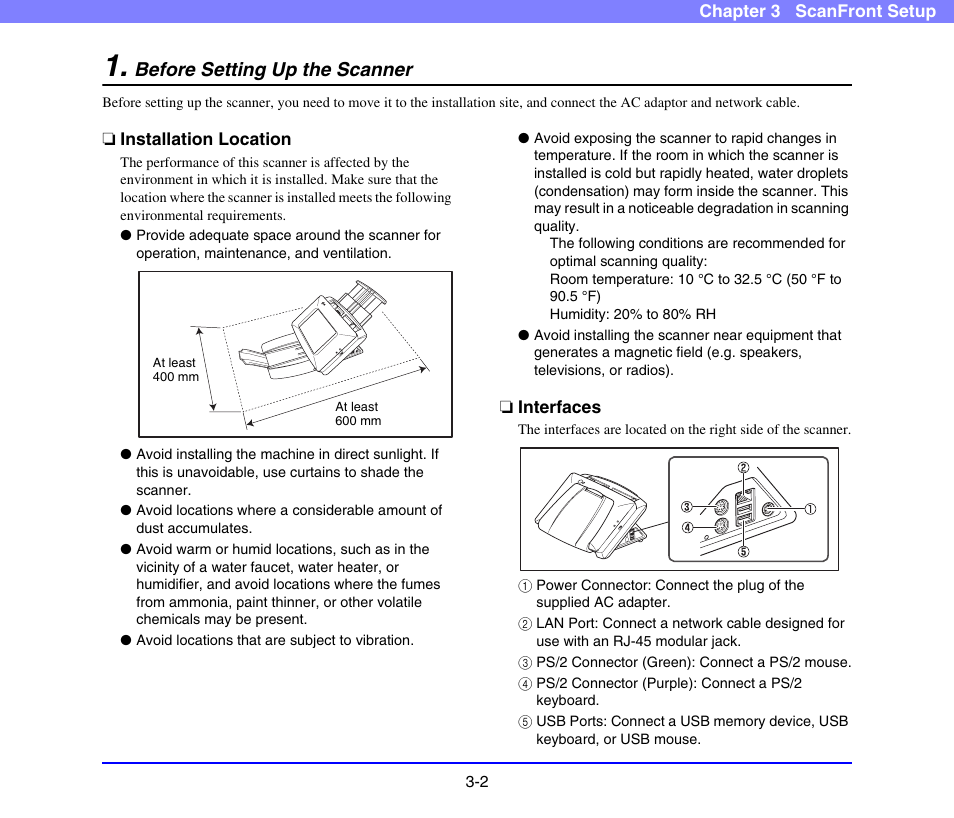 Before setting up the scanner, Installation location, Interfaces | Before setting up the scanner -2, Installation location -2 interfaces -2 | Canon SCANFRONT 220 User Manual | Page 33 / 156