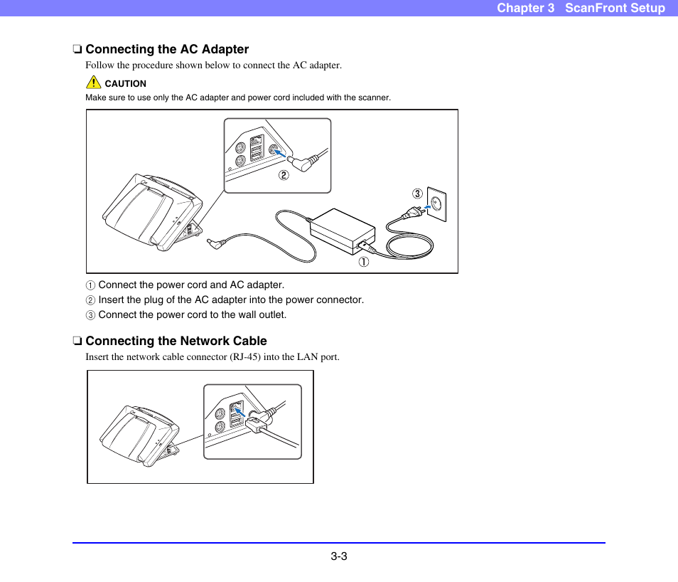 Connecting the ac adapter, Connecting the network cable, Network cable | See p. 3-3.), Adapter | Canon SCANFRONT 220 User Manual | Page 34 / 156