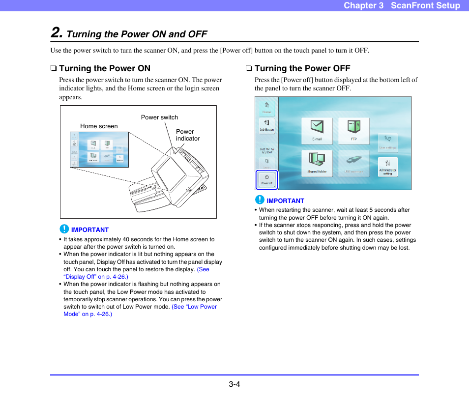 Turning the power on and off, Turning the power on, Turning the power off | Turning the power on and off -4, Turning the power on -4 turning the power off -4, E power on, See p. 3-4.) | Canon SCANFRONT 220 User Manual | Page 35 / 156