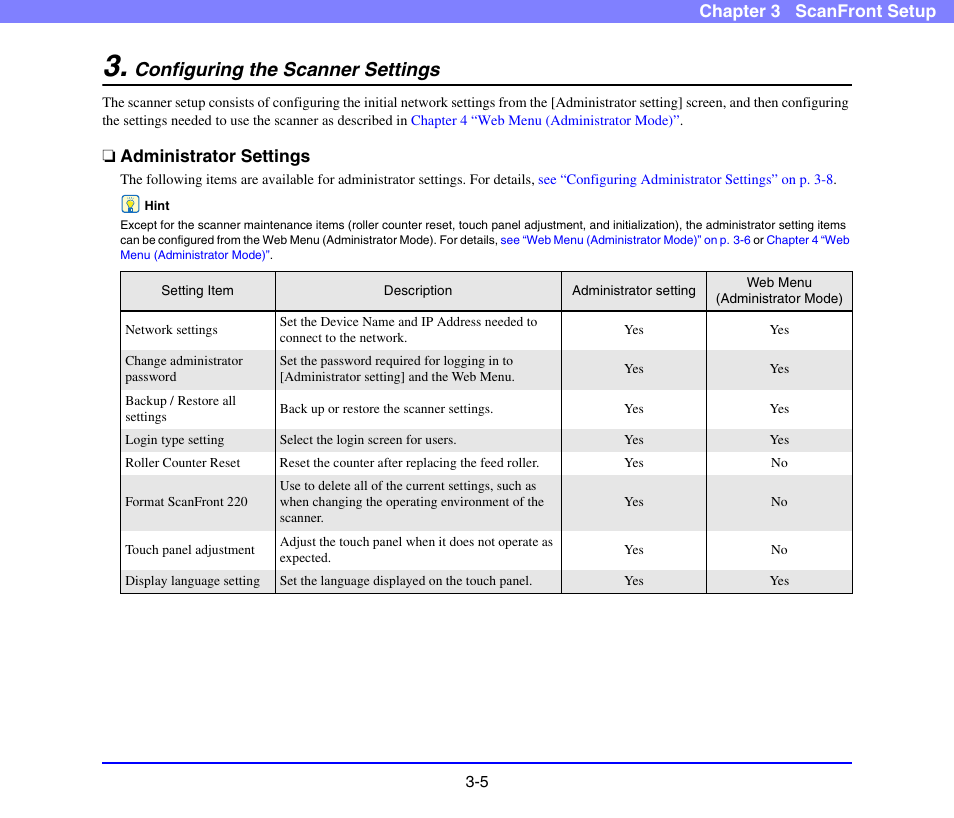 Configuring the scanner settings, Administrator settings, Configuring the scanner settings -5 | Administrator settings -5 | Canon SCANFRONT 220 User Manual | Page 36 / 156