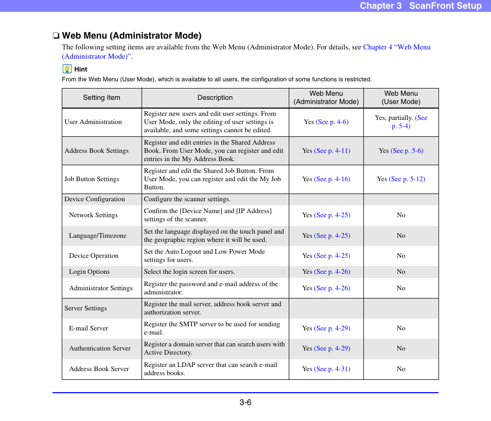 Web menu (administrator mode), Web menu (administrator mode) -6, See “web menu (administrator mode)” on p. 3-6 | Canon SCANFRONT 220 User Manual | Page 37 / 156