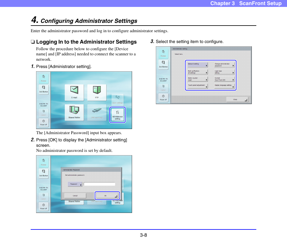 Configuring administrator settings, Logging in to the administrator settings, Configuring administrator settings -8 | Logging in to the administrator settings -8, See “configuring administrator settings” on p. 3-8 | Canon SCANFRONT 220 User Manual | Page 39 / 156