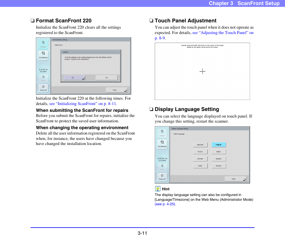 Format scanfront 220, Touch panel adjustment, Display language setting | Canon SCANFRONT 220 User Manual | Page 42 / 156