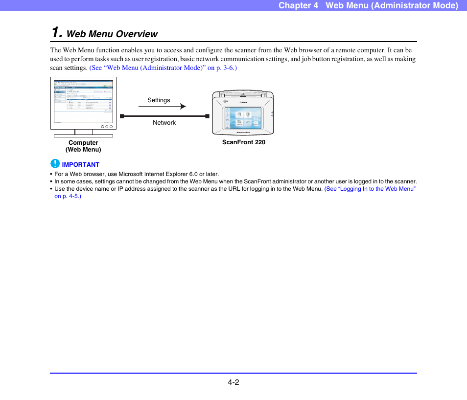 Web menu overview, Web menu overview -2 | Canon SCANFRONT 220 User Manual | Page 44 / 156