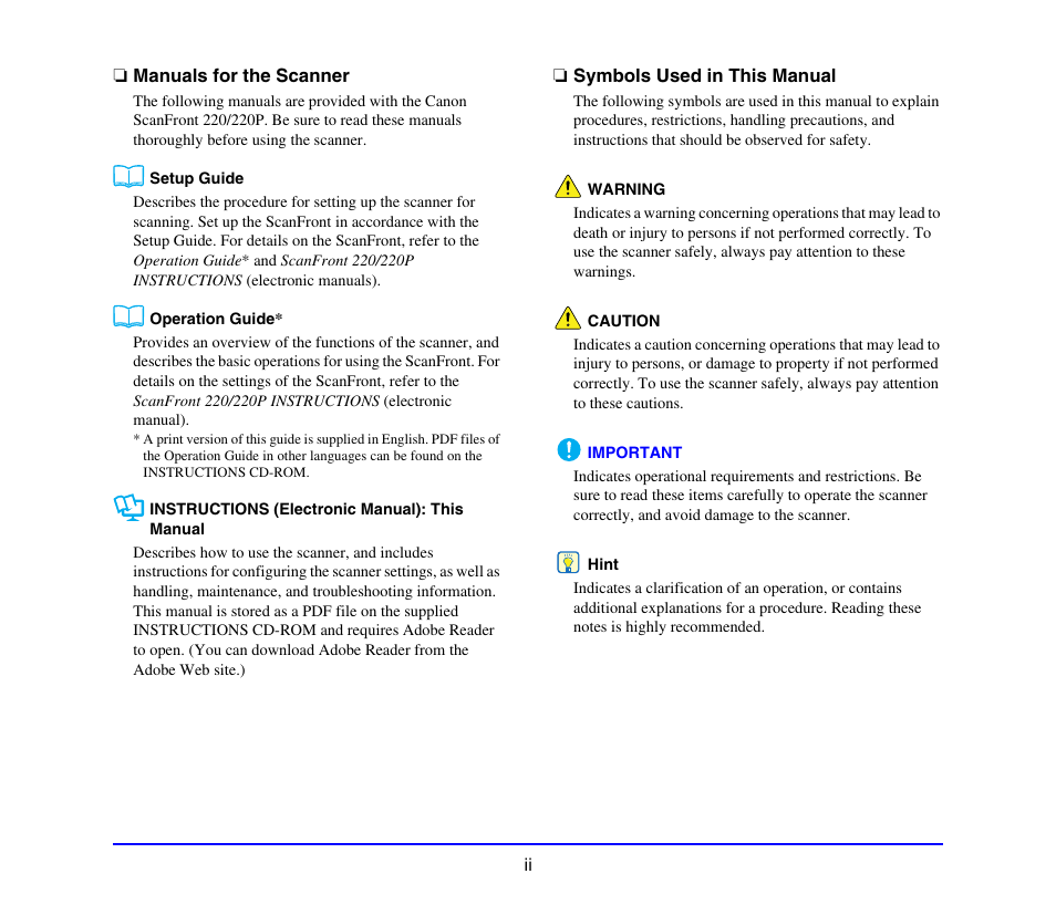 Manuals for the scanner, Symbols used in this manual | Canon SCANFRONT 220 User Manual | Page 5 / 156