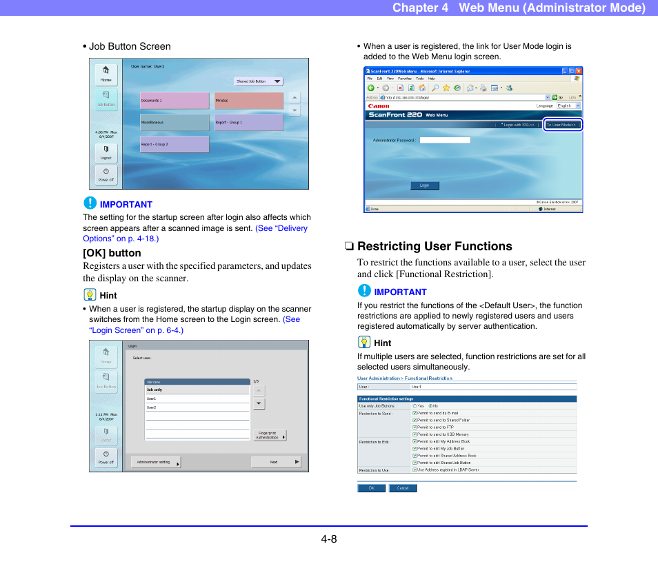 Restricting user functions, Restricting user functions -8, See “restricting user | Functions” on p. 4-8.), Chapter 4 web menu (administrator mode) | Canon SCANFRONT 220 User Manual | Page 50 / 156