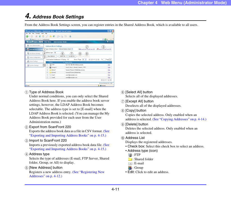 Address book settings, Address book settings -11, See p. 4-11) | See “address book settings, On p. 4-11.), See “address book settings” on p. 4-11 | Canon SCANFRONT 220 User Manual | Page 53 / 156