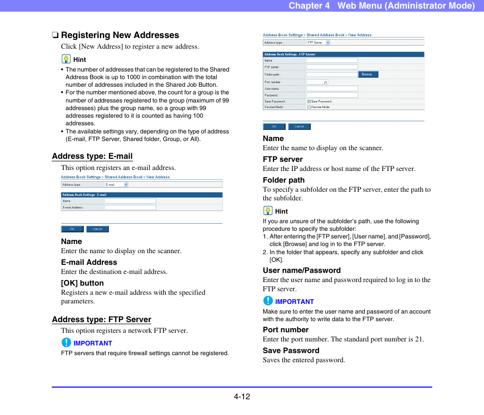 Registering new addresses, Registering new addresses -12, Address entry | See “registering new, Addresses” on p. 4-12.) | Canon SCANFRONT 220 User Manual | Page 54 / 156