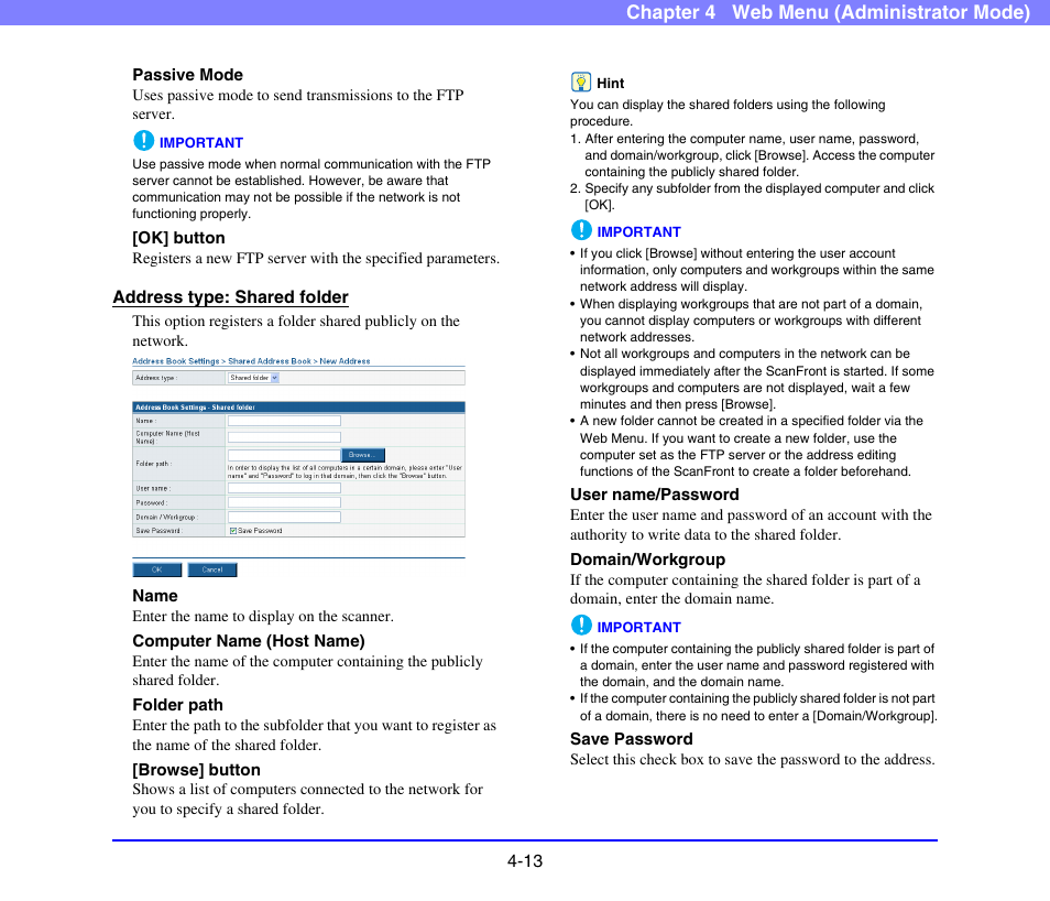 Chapter 4 web menu (administrator mode) | Canon SCANFRONT 220 User Manual | Page 55 / 156