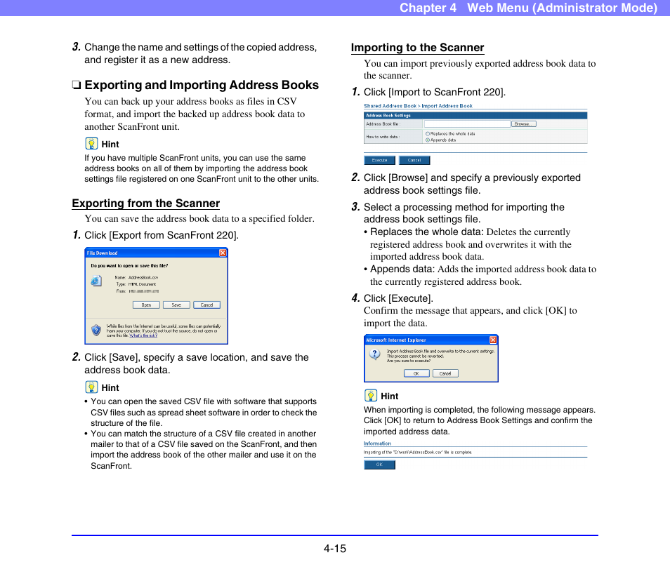 Exporting and importing address books, Exporting and importing address books -15 | Canon SCANFRONT 220 User Manual | Page 57 / 156