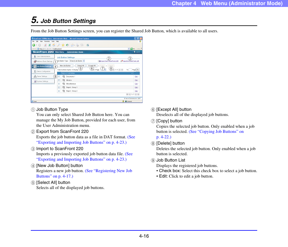 Job button settings, Job button settings -16, See p. 4-16) | See “job button settings” on, P. 4-16.), See “job button, Settings” on p. 4-16 | Canon SCANFRONT 220 User Manual | Page 58 / 156