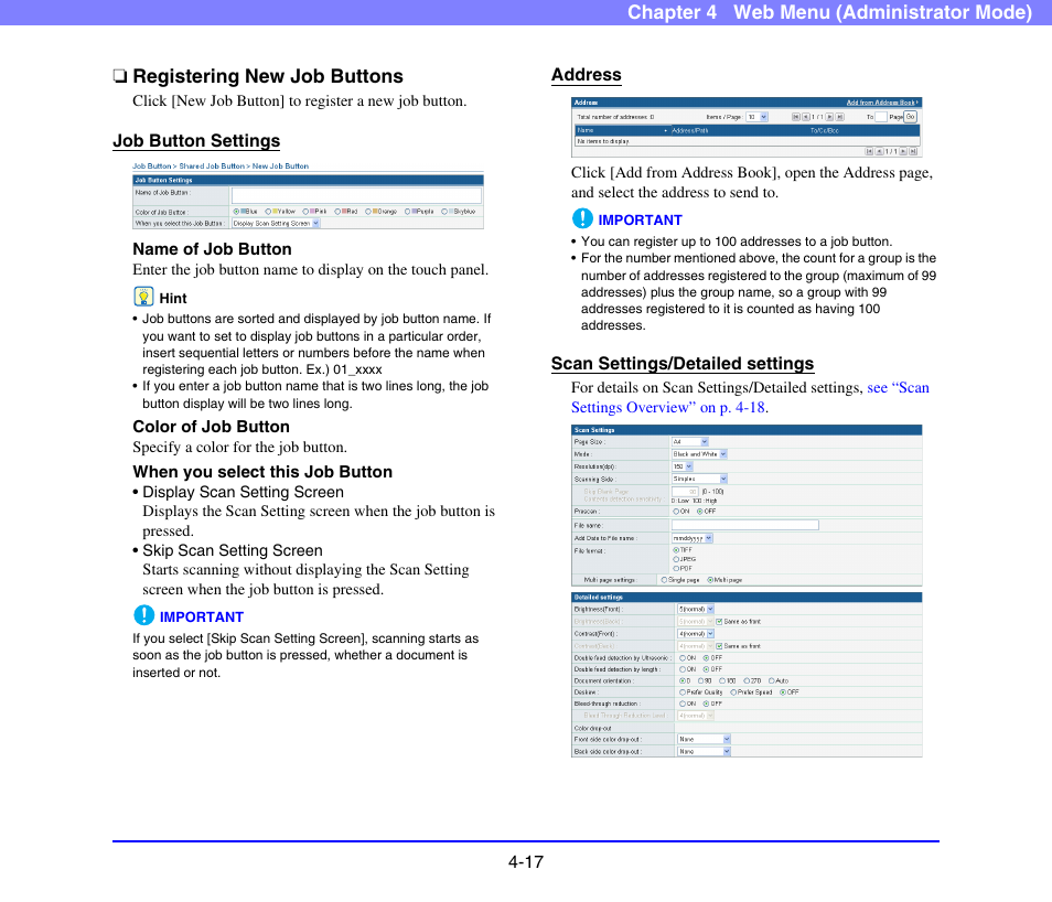 Registering new job buttons, Registering new job buttons -17, See “registering new job | Buttons” on p. 4-17.) | Canon SCANFRONT 220 User Manual | Page 59 / 156