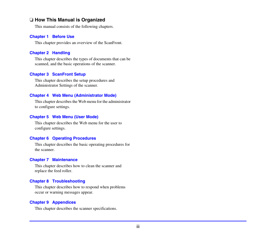 How this manual is organized | Canon SCANFRONT 220 User Manual | Page 6 / 156