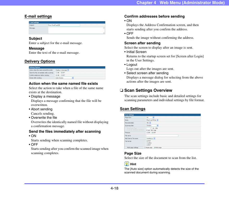 Scan settings overview, Scan settings overview -18, See “delivery | Options” on p. 4-18.) | Canon SCANFRONT 220 User Manual | Page 60 / 156