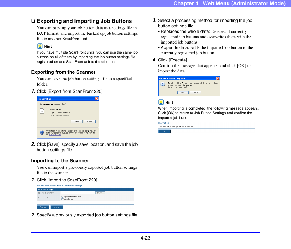 Exporting and importing job buttons, Exporting and importing job buttons -23, Rmat | Exporting and importing job buttons” on p. 4-23.) | Canon SCANFRONT 220 User Manual | Page 65 / 156