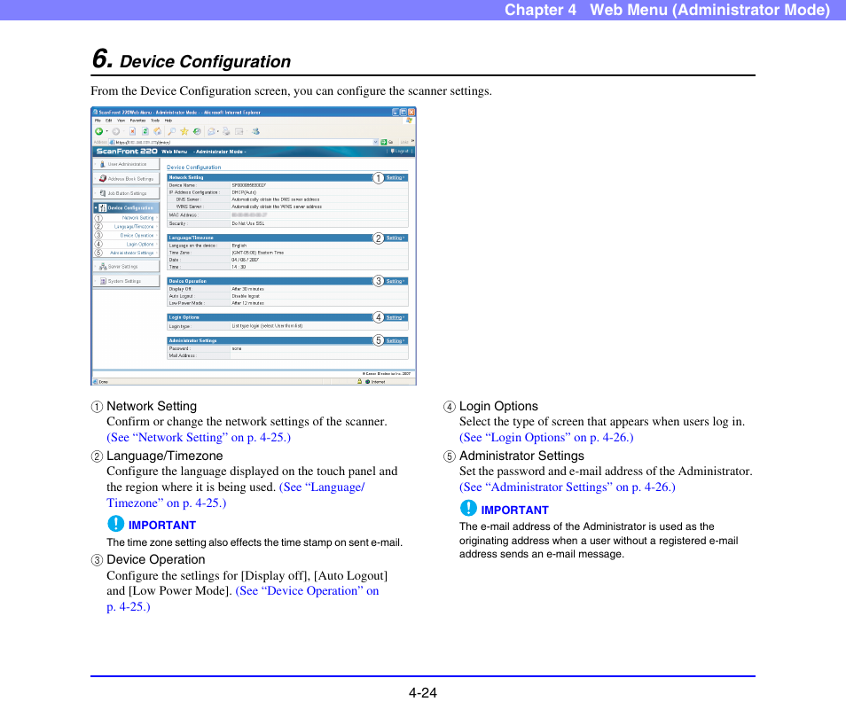 Device configuration, Device configuration -24, See “device configuration” on | P. 4-24.), Device configuration” on p. 4-24.) | Canon SCANFRONT 220 User Manual | Page 66 / 156