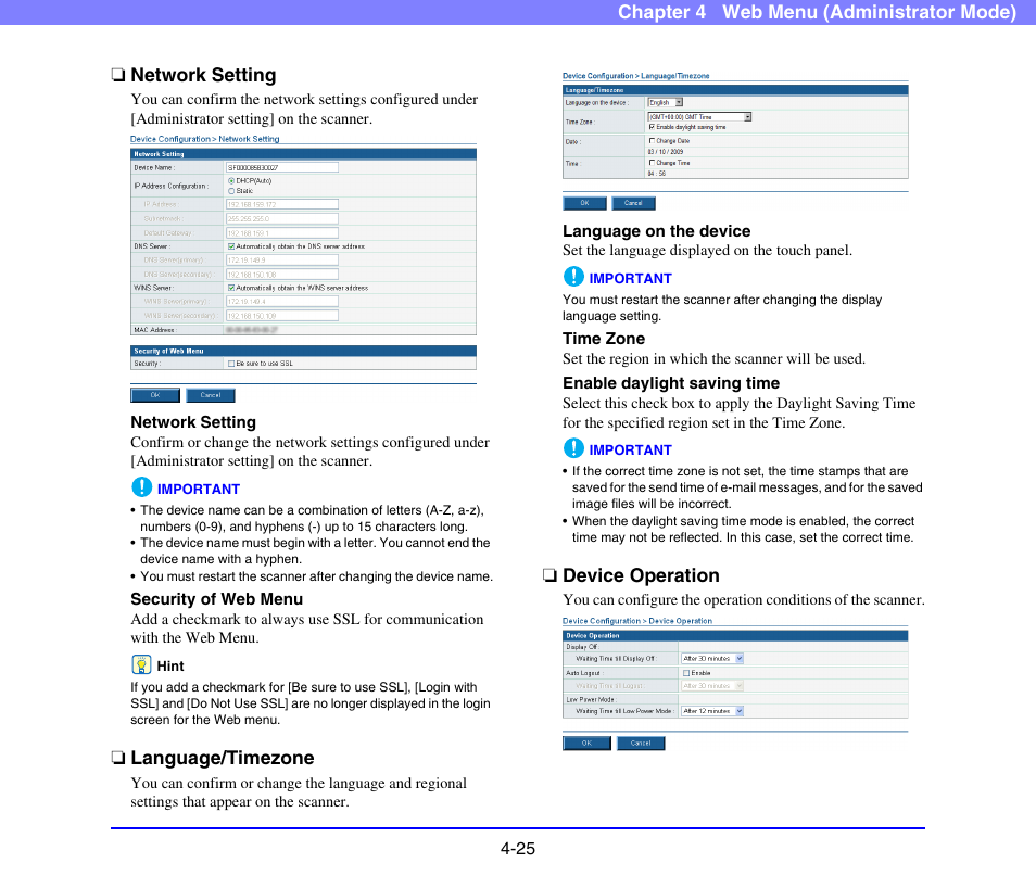 Network setting, Language/timezone, Device operation | See p. 4-25), See “network setting” on p. 4-25.), Used, See “language, Timezone” on p. 4-25.), See “device operation” on, P. 4-25.) | Canon SCANFRONT 220 User Manual | Page 67 / 156