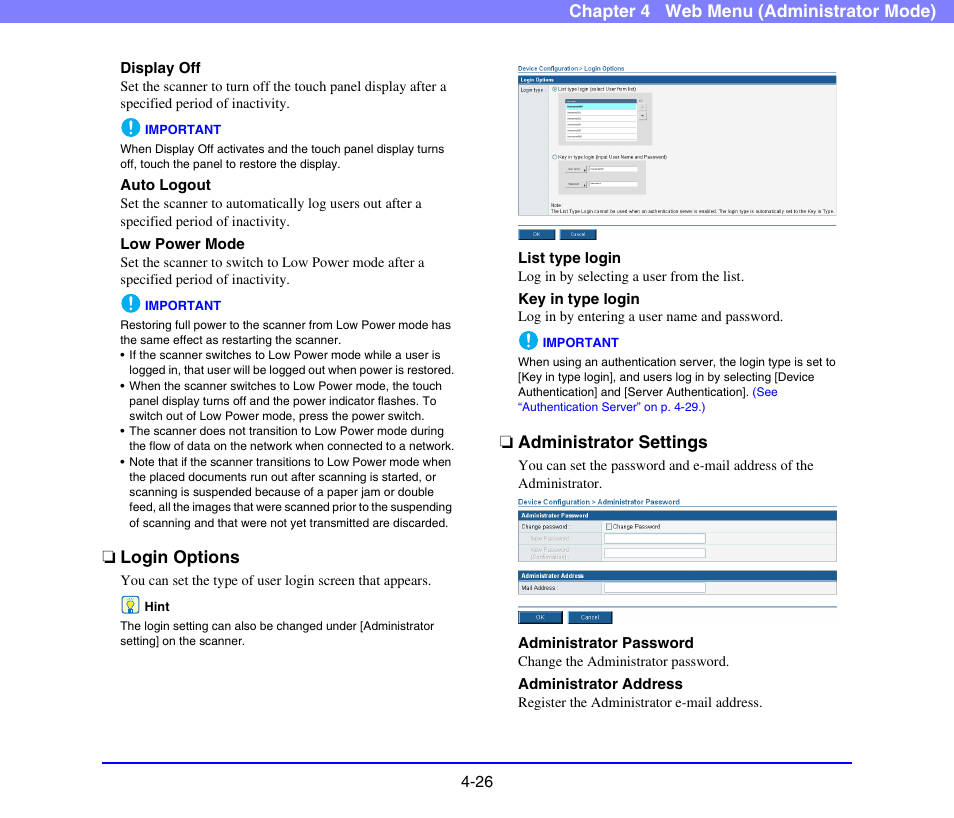 Login options, Administrator settings, Login options -26 administrator settings -26 | Display off” on p. 4-26.), See “low power, Mode” on p. 4-26.), See p. 4-26), See “login options” on p. 4-26.), See “administrator settings” on p. 4-26.) | Canon SCANFRONT 220 User Manual | Page 68 / 156