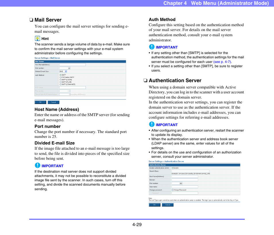 Mail server, Authentication server, Mail server -29 authentication server -29 | See p. 4-29), Mail server” on p. 4-29.), See “authentication server” on p. 4-29.) | Canon SCANFRONT 220 User Manual | Page 71 / 156