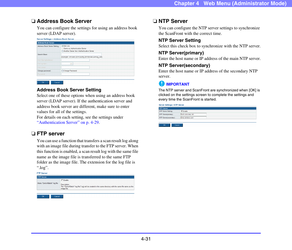 Address book server, Ftp server, Ntp server | See p. 4-31), Address book server” on p. 4-31.), Ftp server” on p. 4-31.), See “ntp server” on p. 4-31.) | Canon SCANFRONT 220 User Manual | Page 73 / 156