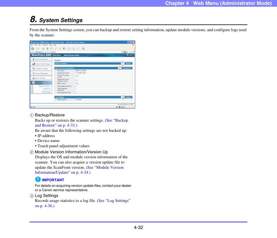 System settings, System settings -32, See p. 4-32) | See “system settings” on p. 4-32.) | Canon SCANFRONT 220 User Manual | Page 74 / 156