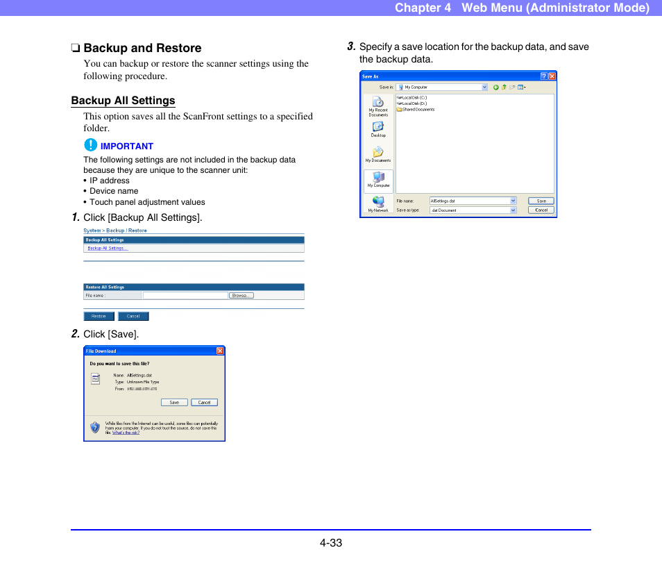 Backup and restore, Backup and restore -33, The scanner settings | See “backup, And restore” on p. 4-33.) | Canon SCANFRONT 220 User Manual | Page 75 / 156