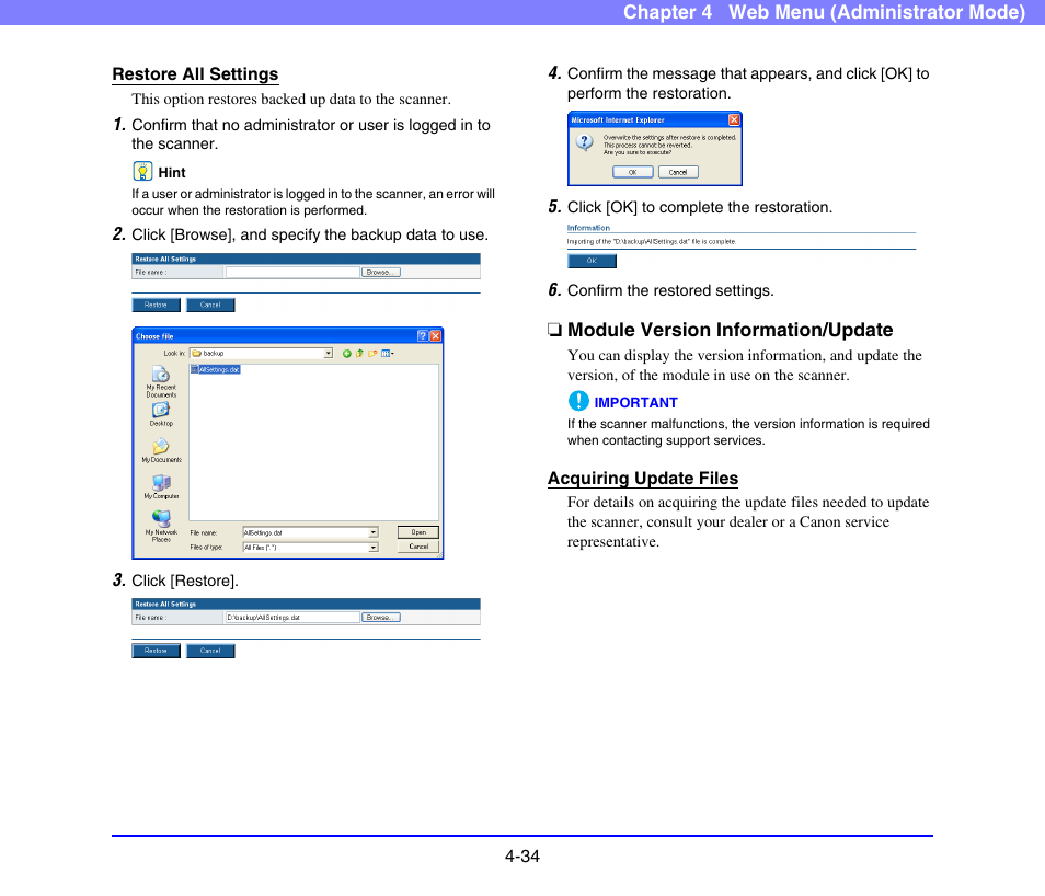 Module version information/update, Module version information/update -34, See “module version | Information/update” on p. 4-34.) | Canon SCANFRONT 220 User Manual | Page 76 / 156