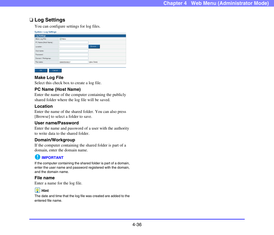 Log settings, Log settings -36, See “log settings | On p. 4-36.) | Canon SCANFRONT 220 User Manual | Page 78 / 156