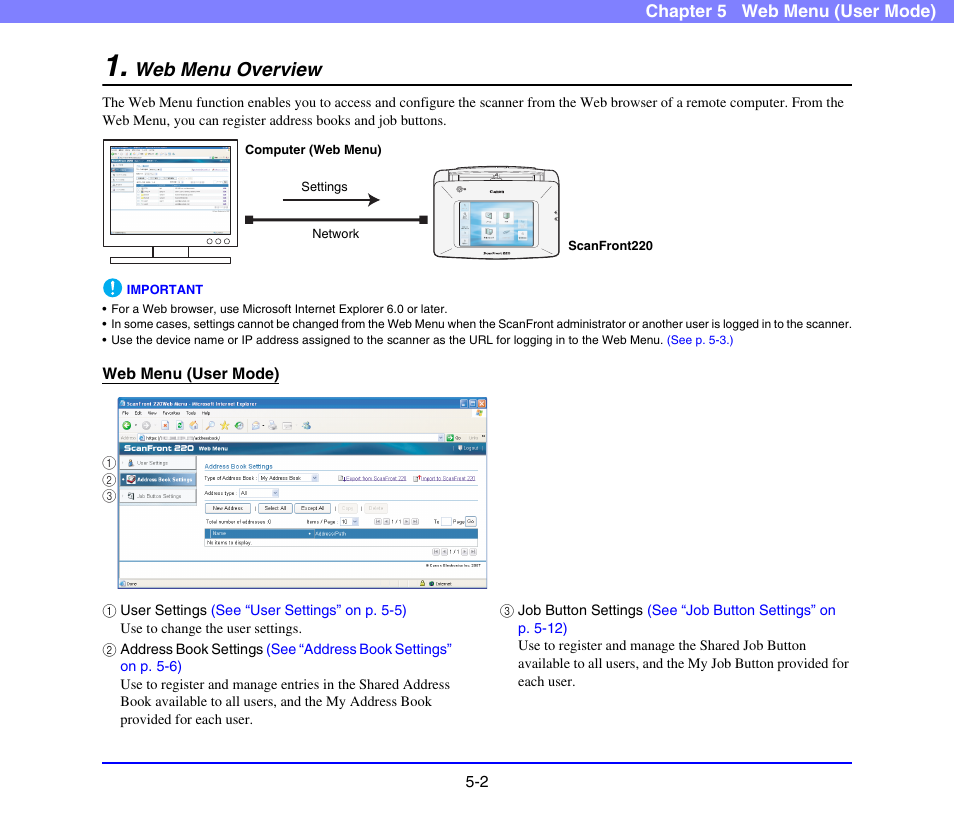 Web menu overview, Web menu overview -2 | Canon SCANFRONT 220 User Manual | Page 80 / 156