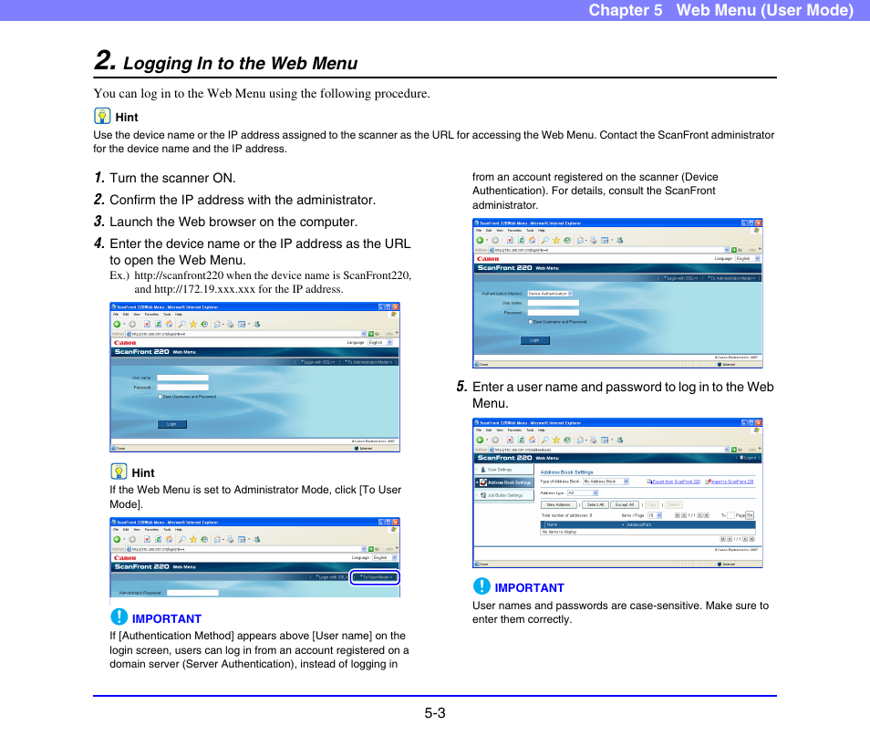 Logging in to the web menu, Logging in to the web menu -3, See p. 5-3.) | Canon SCANFRONT 220 User Manual | Page 81 / 156