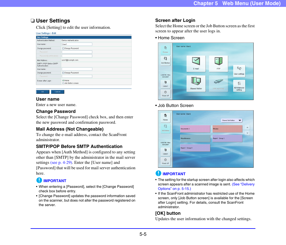 User settings, User settings -5, P. 5-5) | See “user settings” on p. 5-5) | Canon SCANFRONT 220 User Manual | Page 83 / 156