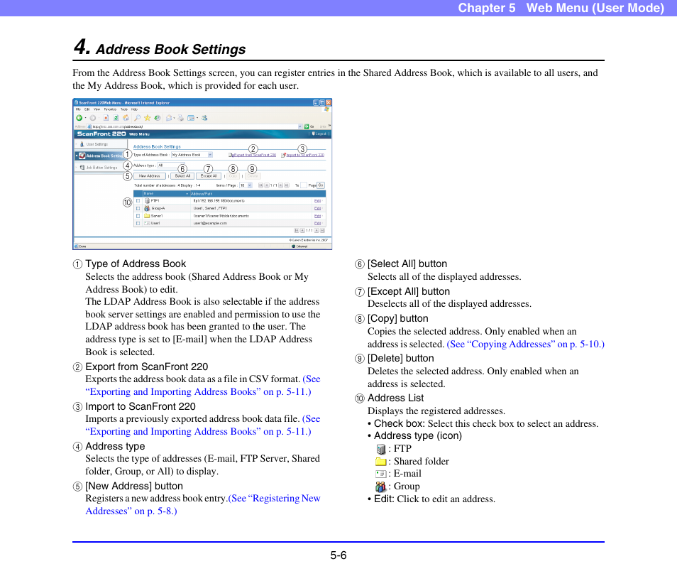 Address book settings, Address book settings -6, See p. 5-6) | See “address book settings, On p. 5-6.), On p. 5-6) | Canon SCANFRONT 220 User Manual | Page 84 / 156