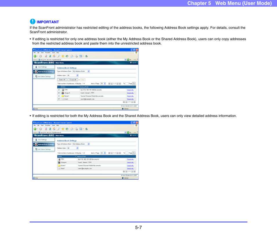 Chapter 5 web menu (user mode) | Canon SCANFRONT 220 User Manual | Page 85 / 156