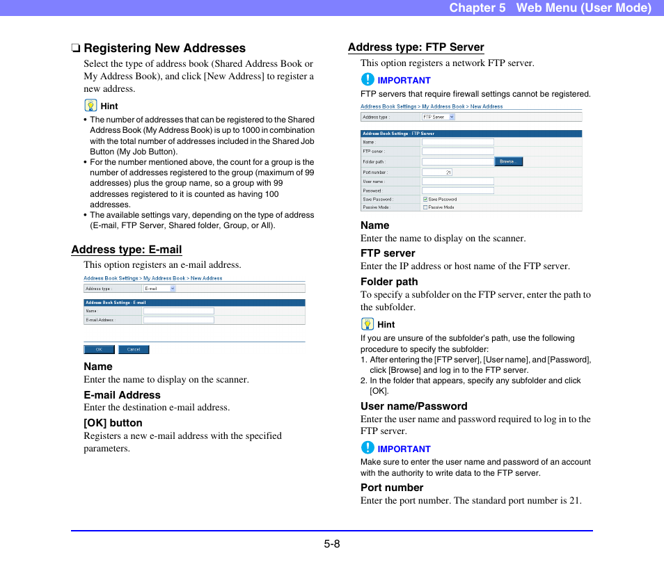 Registering new addresses, Registering new addresses -8, See “registering new | Addresses” on p. 5-8.) | Canon SCANFRONT 220 User Manual | Page 86 / 156