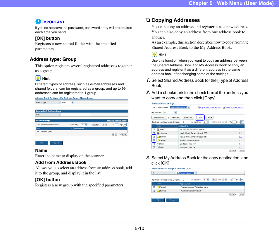 Copying addresses, Copying addresses -10, See “copying addresses” on p. 5-10.) | Canon SCANFRONT 220 User Manual | Page 88 / 156