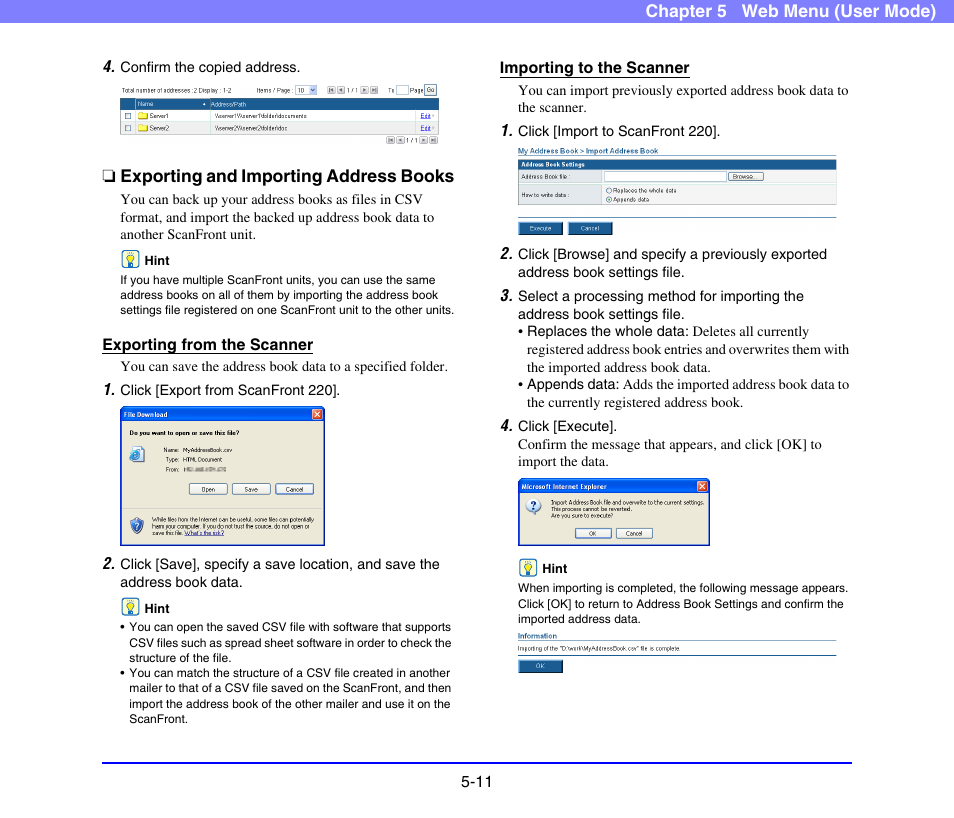 Exporting and importing address books, Exporting and importing address books -11 | Canon SCANFRONT 220 User Manual | Page 89 / 156