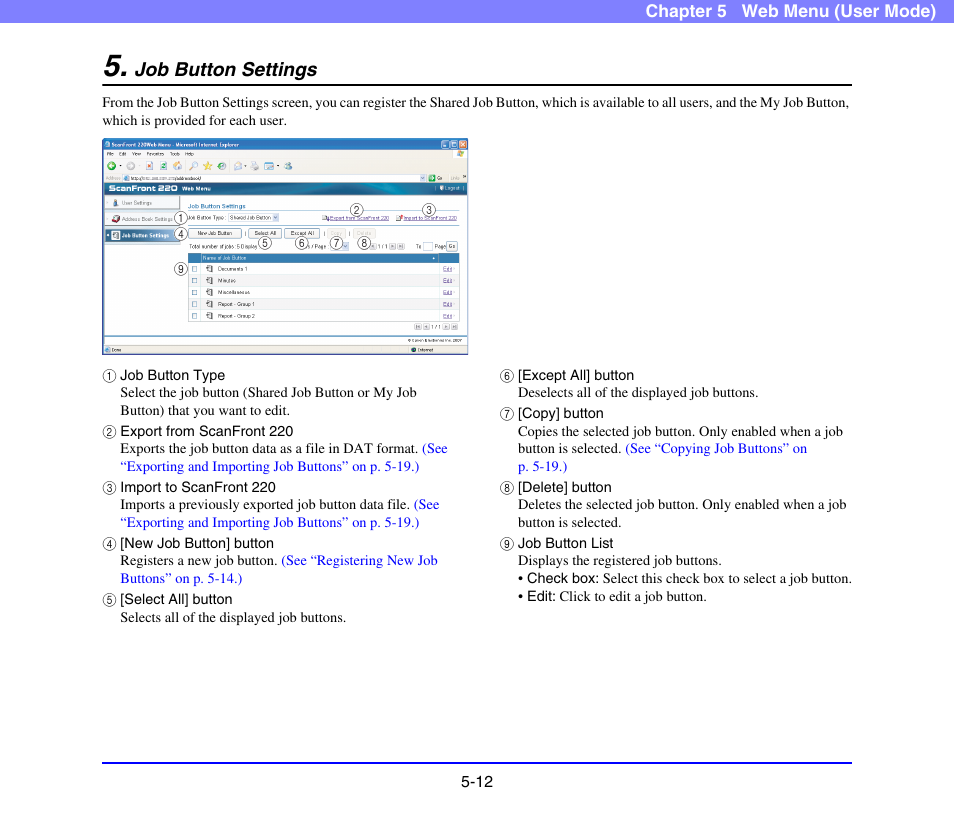 Job button settings, Job button settings -12, See p. 5-12) | See “job button settings” on, P. 5-12.), P. 5-12) | Canon SCANFRONT 220 User Manual | Page 90 / 156