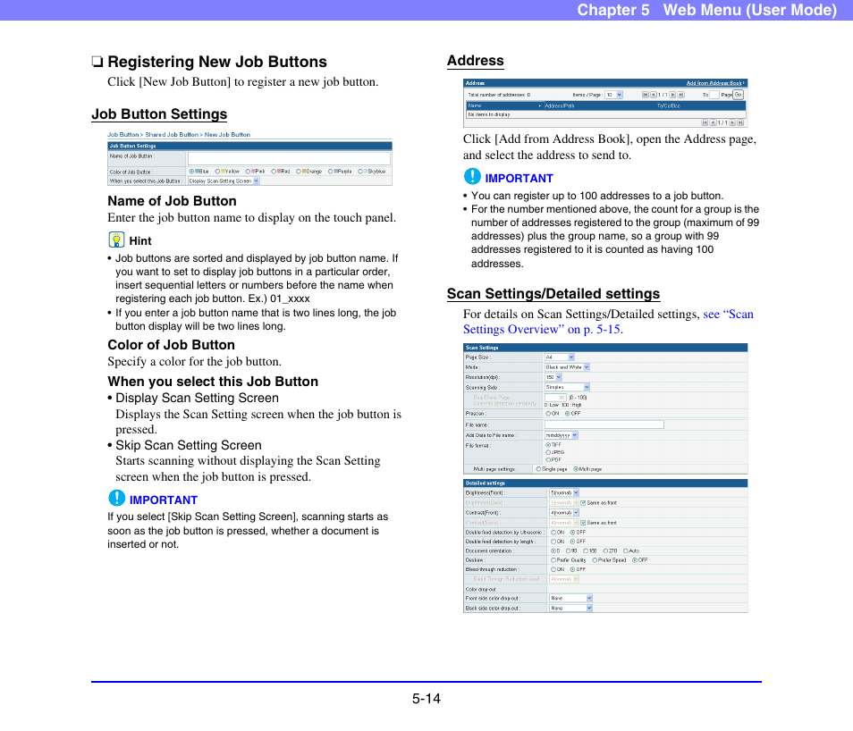 Registering new job buttons, Registering new job buttons -14, See “registering new job | Buttons” on p. 5-14.) | Canon SCANFRONT 220 User Manual | Page 92 / 156