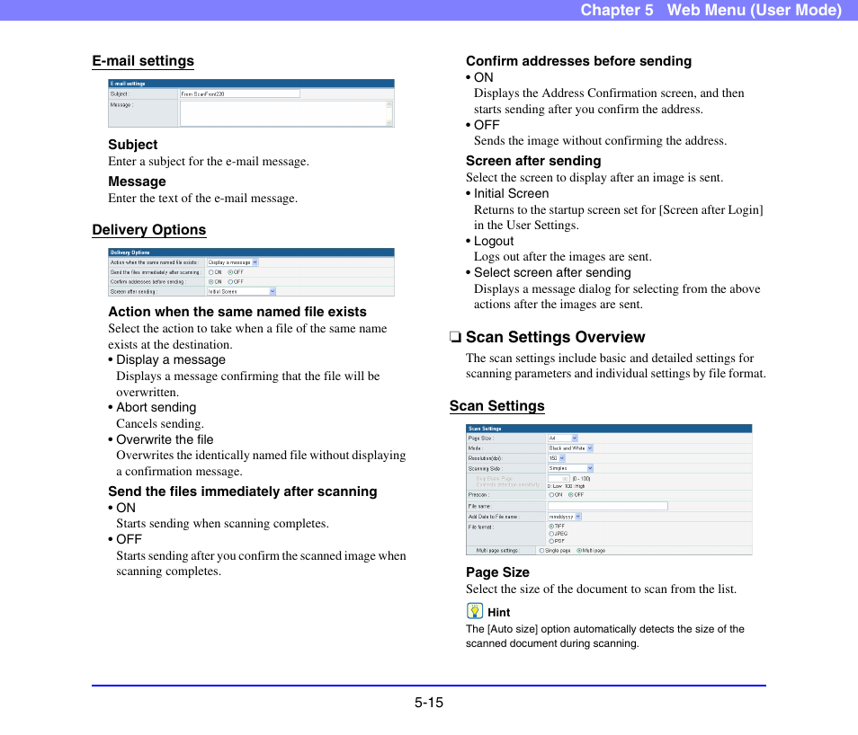 Scan settings overview, Scan settings overview -15, See “delivery | Options” on p. 5-15.) | Canon SCANFRONT 220 User Manual | Page 93 / 156