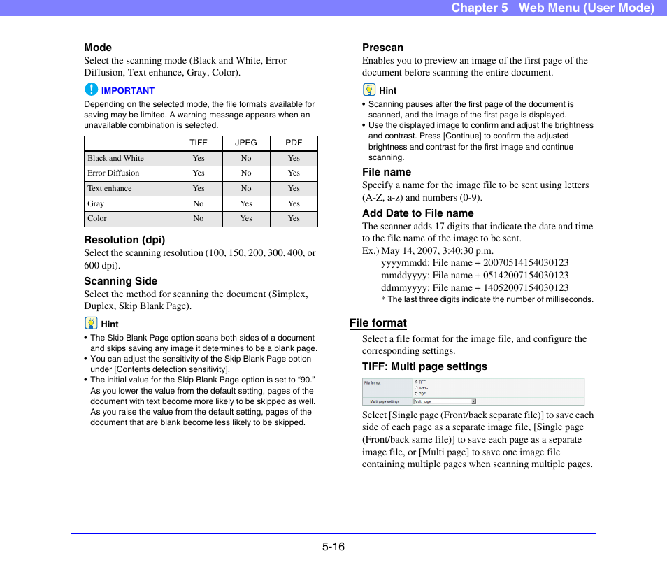 Chapter 5 web menu (user mode) | Canon SCANFRONT 220 User Manual | Page 94 / 156